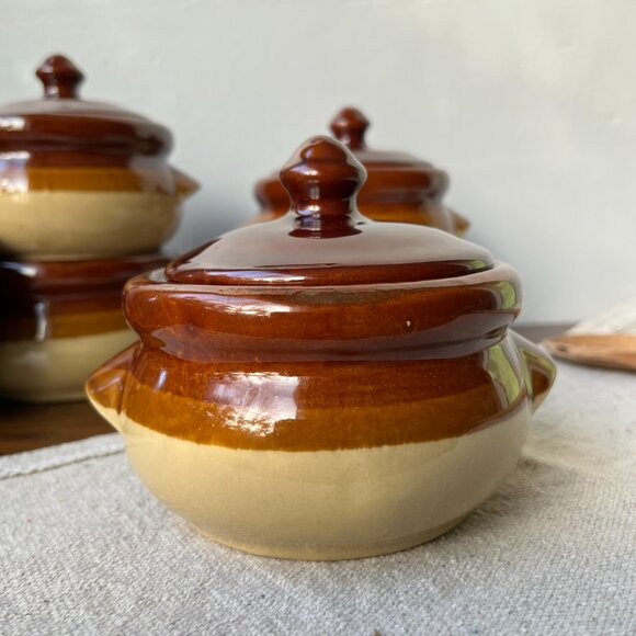 4 Ceramic Individual Pots Crocks Oven Baking Casserole Bean Onion Soup Taiwan - Picture 2 of 15
